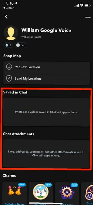 Een Snapchat-profielpagina. De menu's